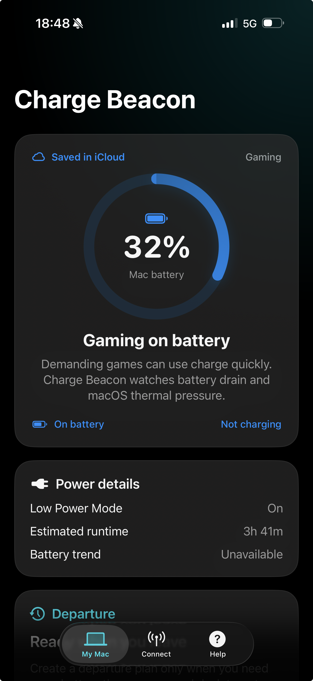 Charge Beacon companion displaying saved Mac battery status on iPhone