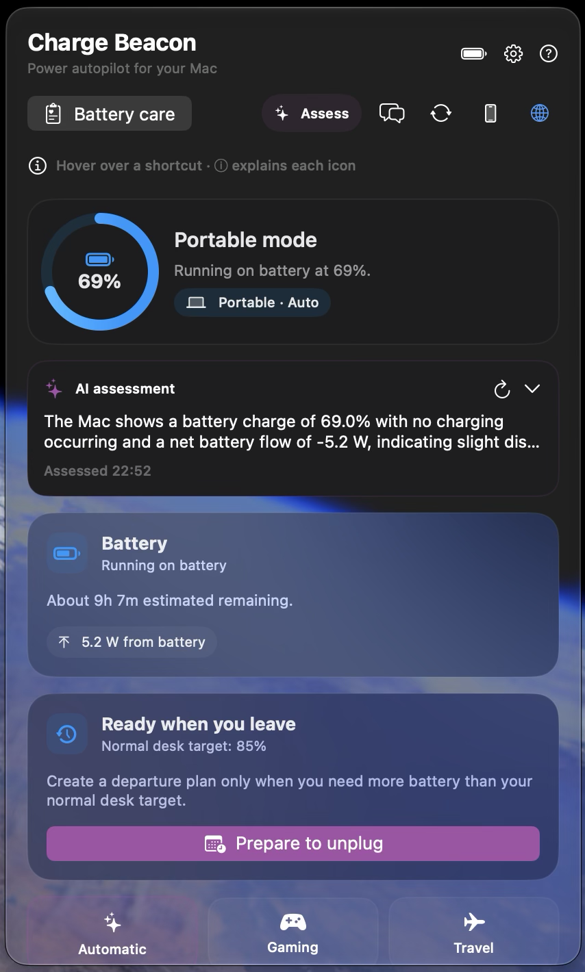 Upcoming Mac app with a compact AI assessment beneath battery status
