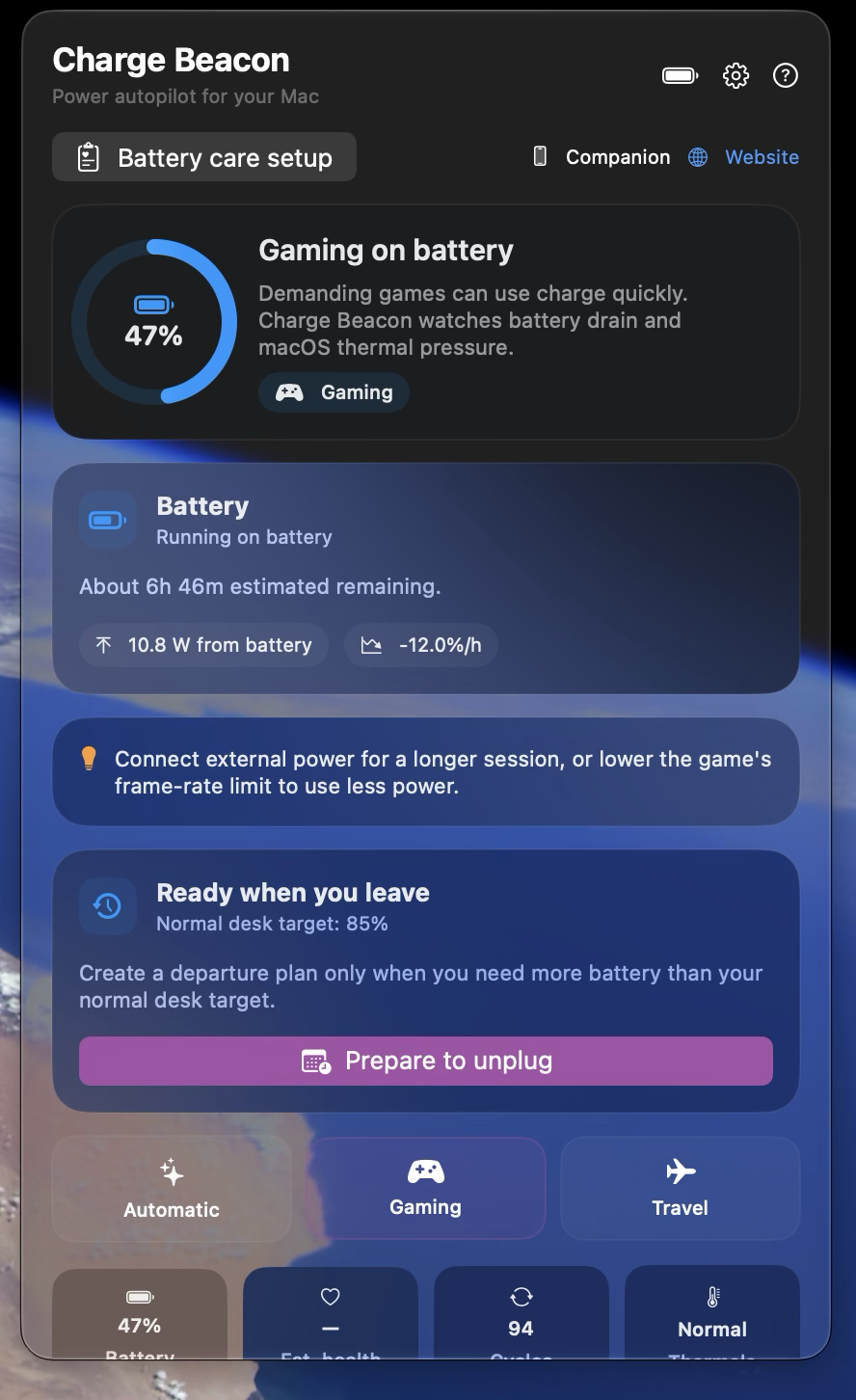 Charge Beacon on Mac showing battery status, power readings and departure guidance